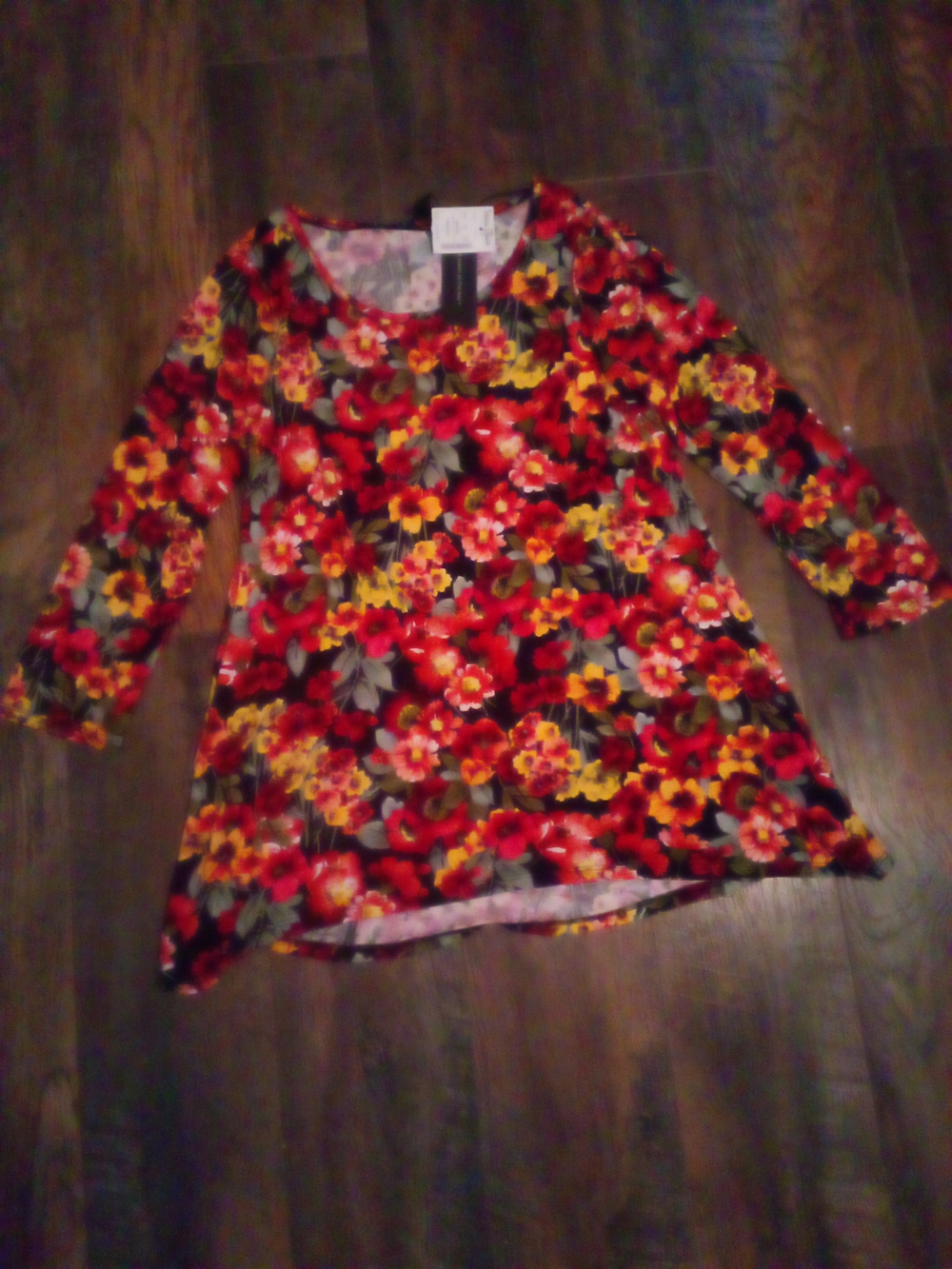 Cable & Gauge Black Floral Scoop Neck Tunic with Red and Yellow Blooms